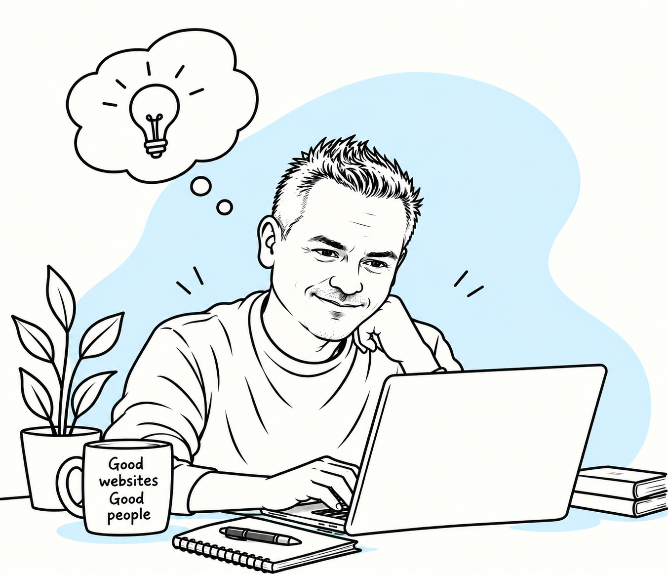 Hand-drawn illustration of Al working at a laptop, with a lightbulb thought bubble and a mug reading Good websites Good people